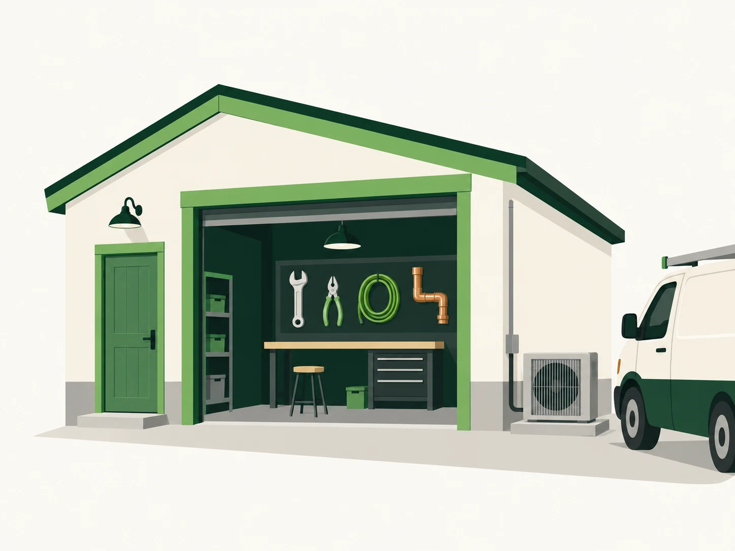 Illustration of a green trades workshop with plumbing tools, electrical cable, an HVAC unit and a service van.